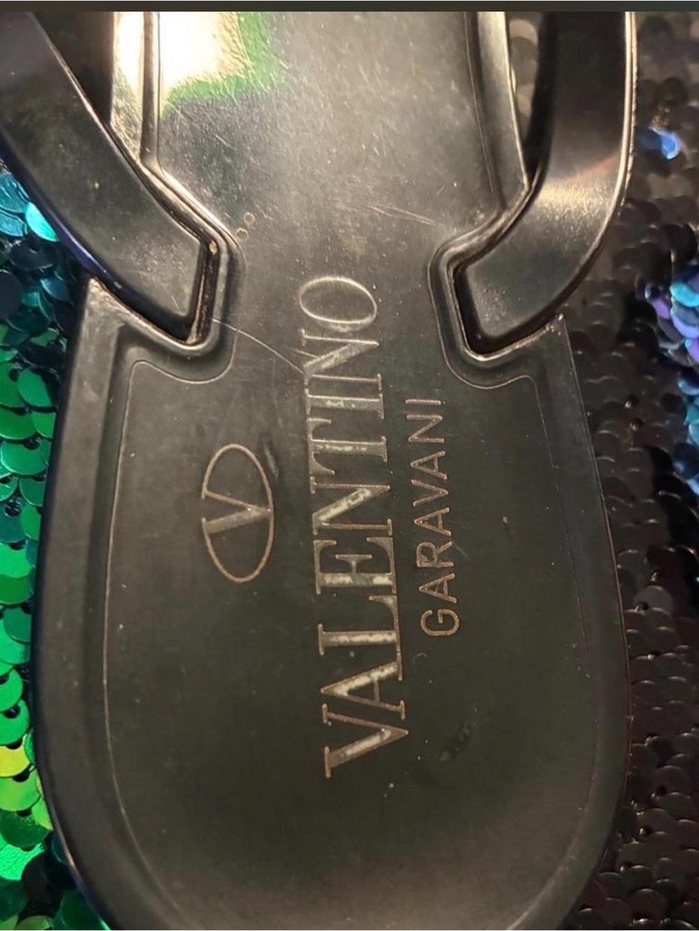 Valentino Garavani Iridescent Green and Blue Sequin Women's Sandals